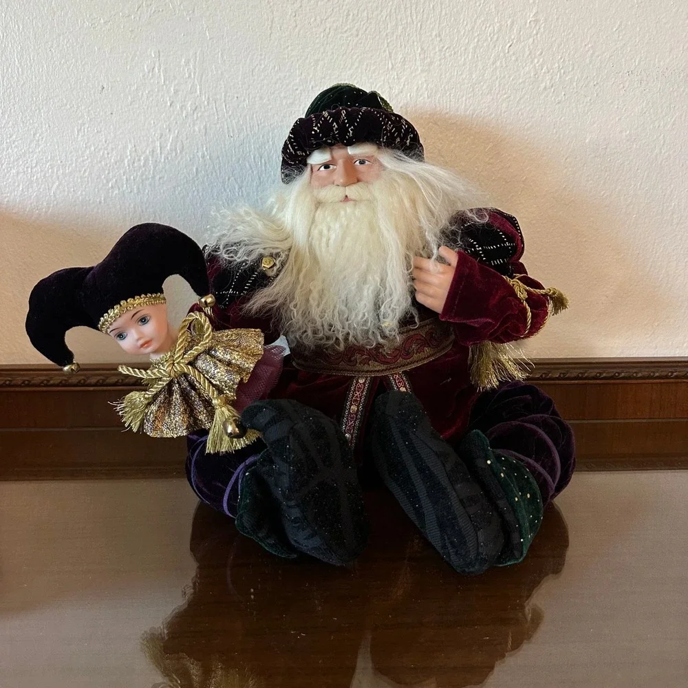 Costco Wholesale Santa Claus Figurine Burgundy Velvet Jester Doll Holiday Decor